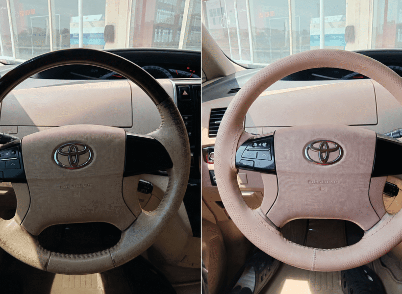 steering wheel upholstery, hand sewn steering wheel cover, steering wheel cover, تنجيد الدركسون, تنجيد عجلة القيادة